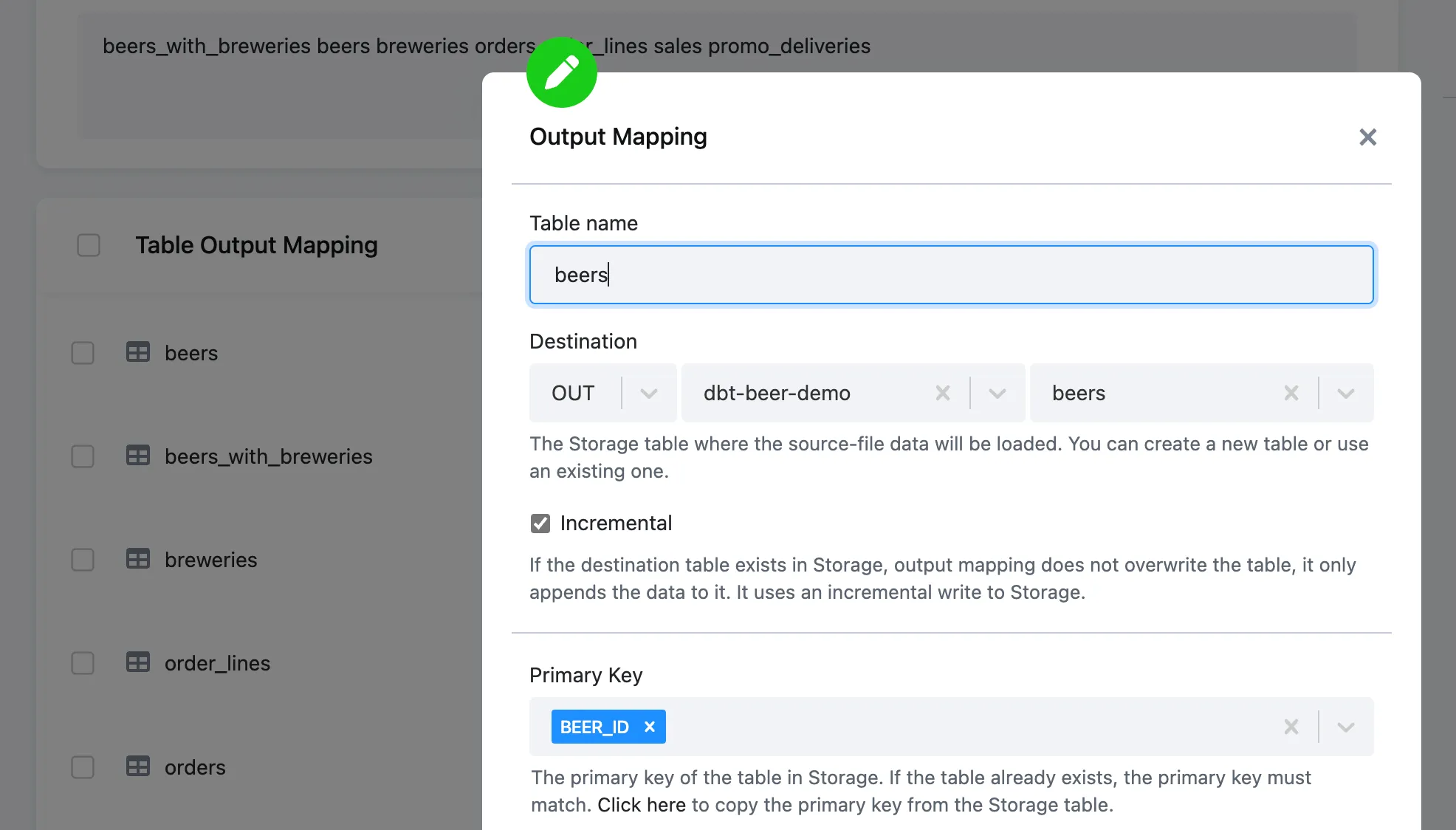 The Output Mapping dialog for the beers table — Table name beers, Destination OUT / dbt-beer-demo / beers, Incremental checked, and Primary Key BEER_ID