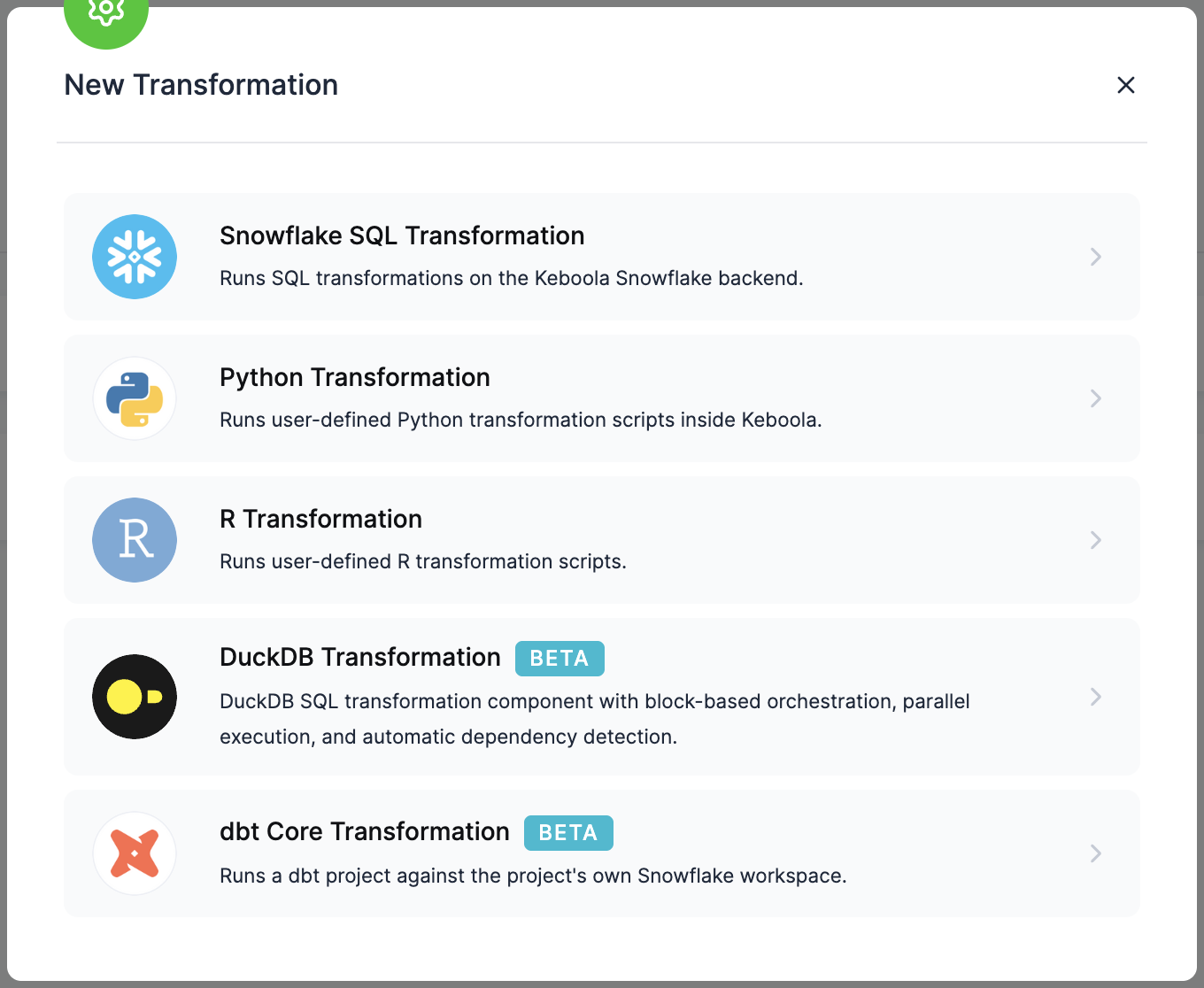 The New Transformation dialog listing the transformation types, including DuckDB Transformation (beta)