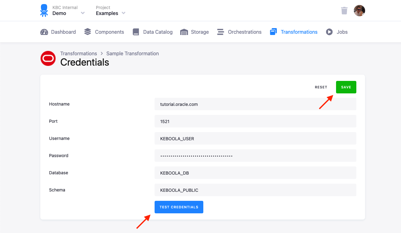 The Oracle Credentials form — Hostname, Port, Username, Password, Database, and Schema fields with Test Credentials and Save