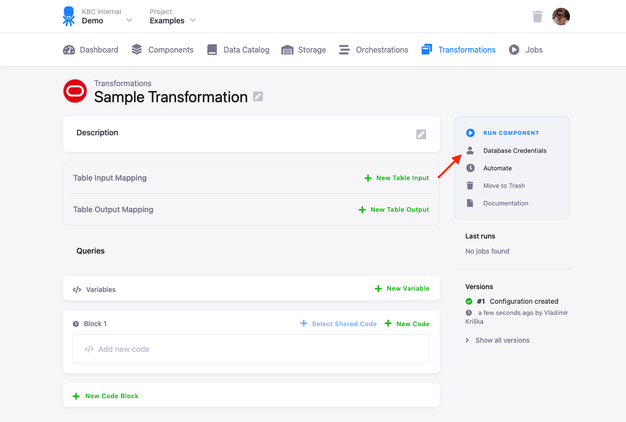 The Oracle transformation configuration with the Database Credentials link in the right-side actions