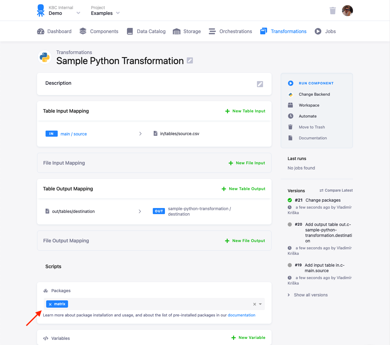 The Packages field in the transformation with the matrix package added