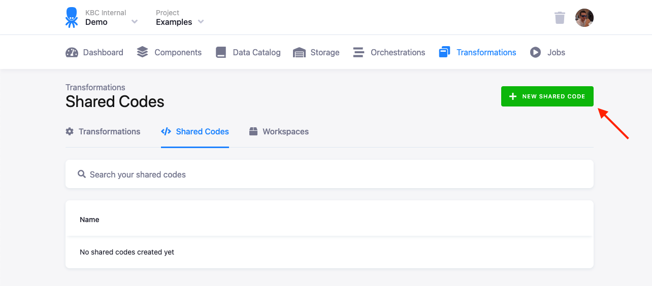 The Shared Codes page with the New Shared Code button